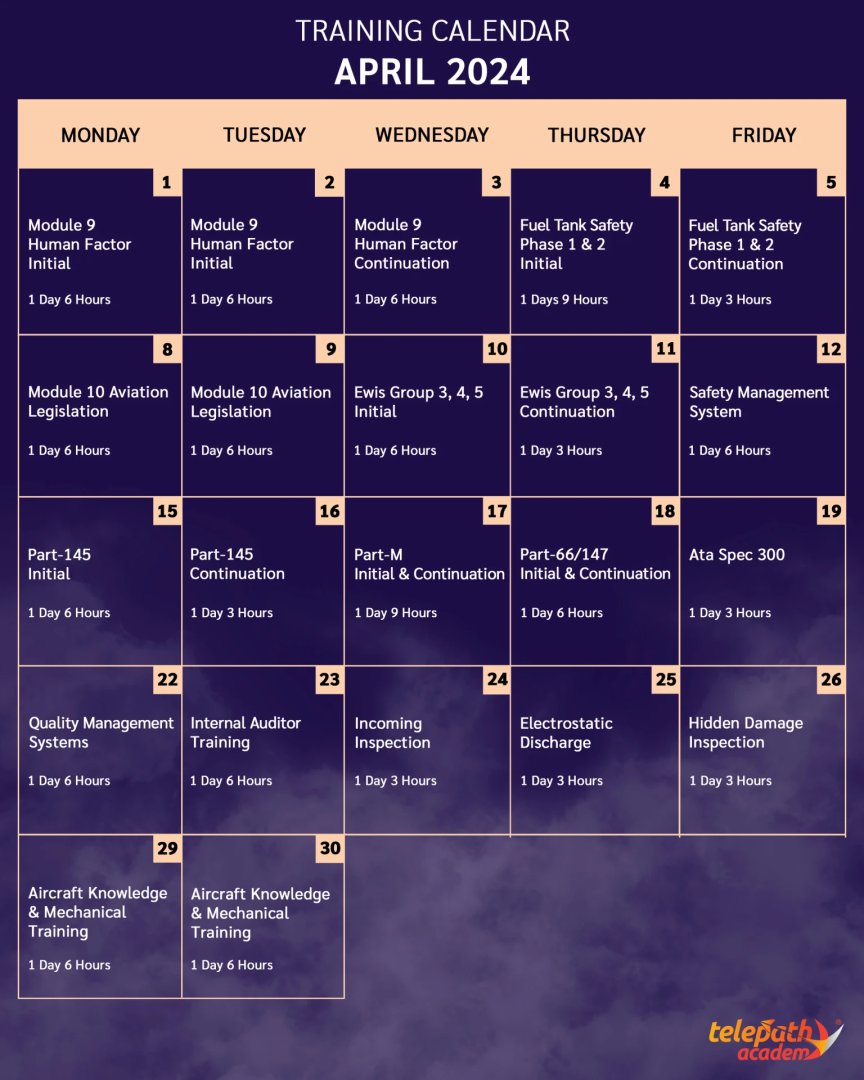 telepatiakademi's tweet photo. TRAINING CALENDAR APRIL 2024
#AviationTraining #DistanceLearning #OnlineTraining #Part147 #Part66 #EASA #TypeTraining #ATPL #ExamCenter

For detailed info: https://t.co/NDArPQ02Sm, +90 543 404 0107 or info@tlpa.aero
To follow us on LinkedIn: https://t.co/hlb2rMP3vg https://t.co/7iSgt89fIP