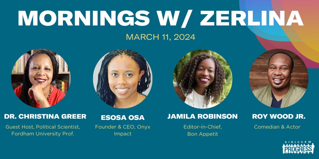 Hello Monday! Joining guest host @Dr_CMGreer this morning: Onyx Impact Founder & CEO @Esosa_Osa, @bonappetit Editor-in-Chief @JamilaRobinson & Comedian and Actor @roywoodjr! 📻@SiriusXMProg Ch. 127 siriusxm.us/Zerlina