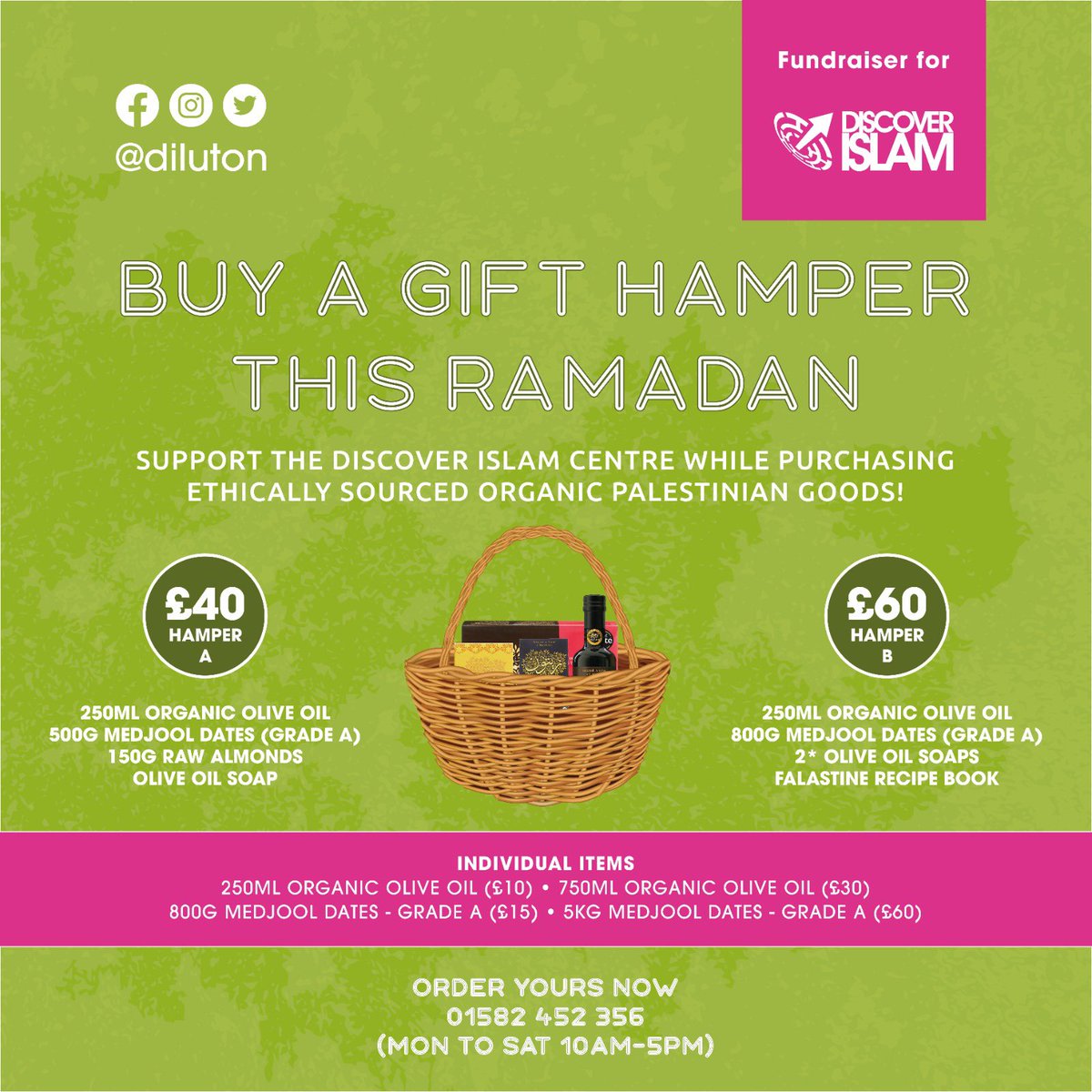 Support the Discover Islam Centre this Ramadan, while purchasing ethically sourced organic Palestinian goods! Our Centre is open Monday to Saturday (10am - 5pm). Whether it’s for family, friends or a treat for yourself, order yours today 😊. ☎️ 01582 452 356