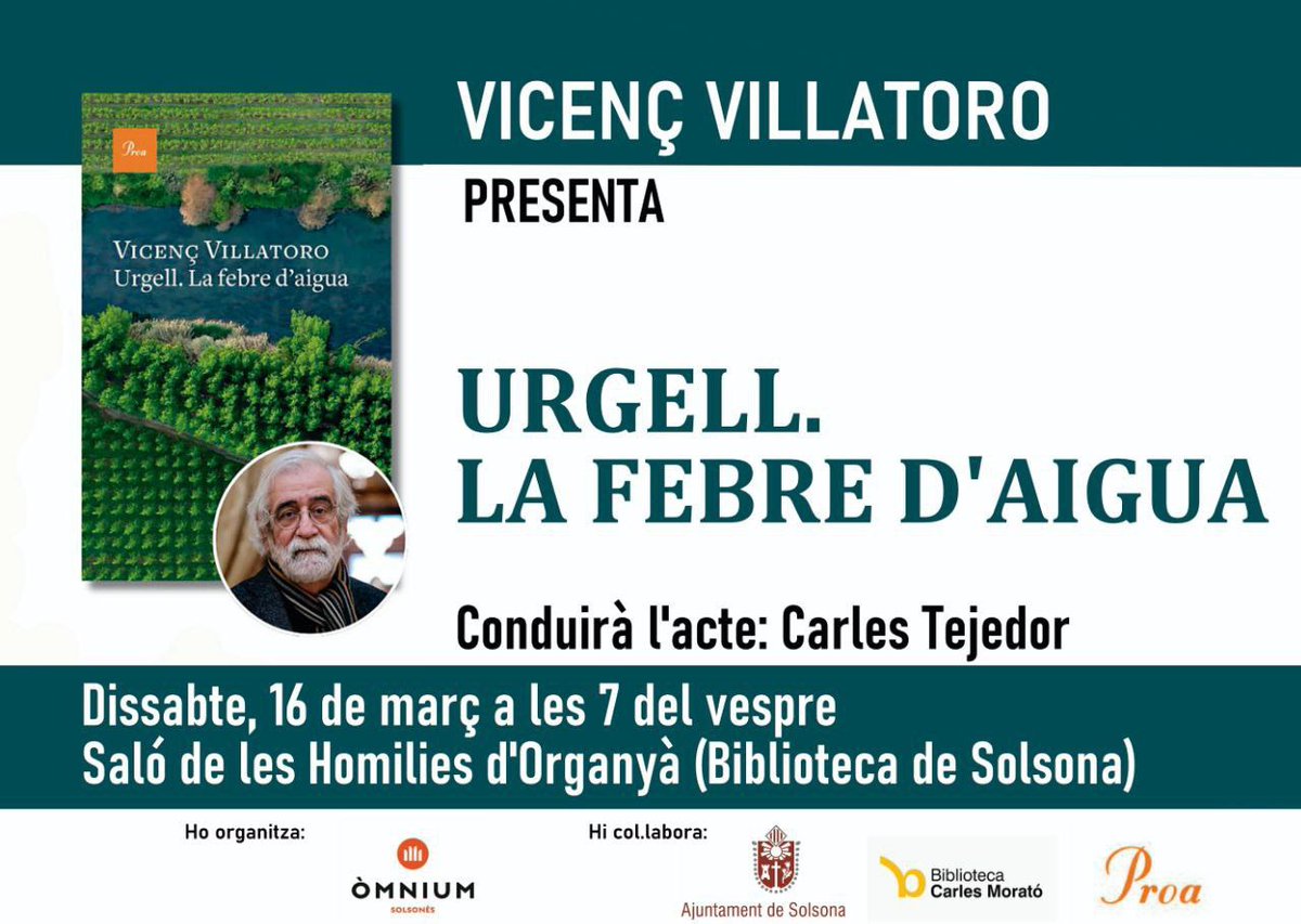 L'escriptor Vicenç Villatoro ens presenta "Urgell. La febre de l'aigua". Una novel·la sobre la gran epopeia humana que va representar a mitjan del segle XIX la construcció del Canal d’Urgell, una de les obres més ambicioses de la seva època a tot Europa.