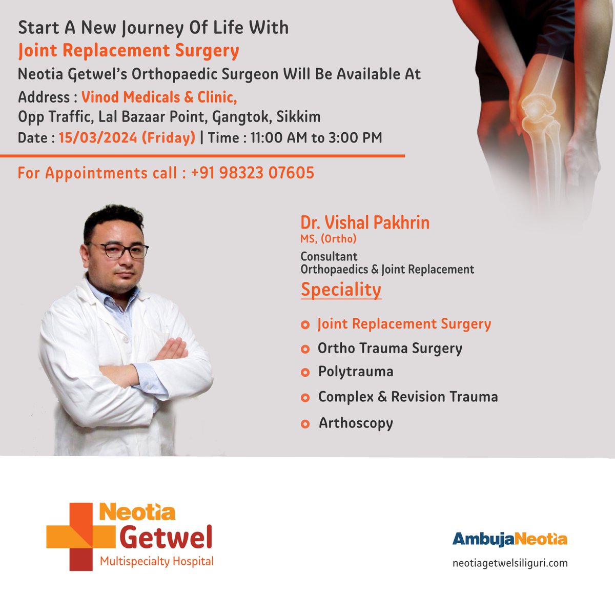 ngmh_official's tweet photo. NOW AVAILABLE IN GANGTOK; DATE: 15.03.2024 (Friday)

Details: Dr. Vishal Pakhrin, MS (Ortho)
Consultant- Orthopaedics &amp; Joint Replacement

☎ Call at +91 98323 07605 for an Appointment &amp; Queries

#Orthopaedics #JointReplacement #TraumaSurgery #healthcare #Gantok #NGMH https://t.co/mn4eu6by1Z