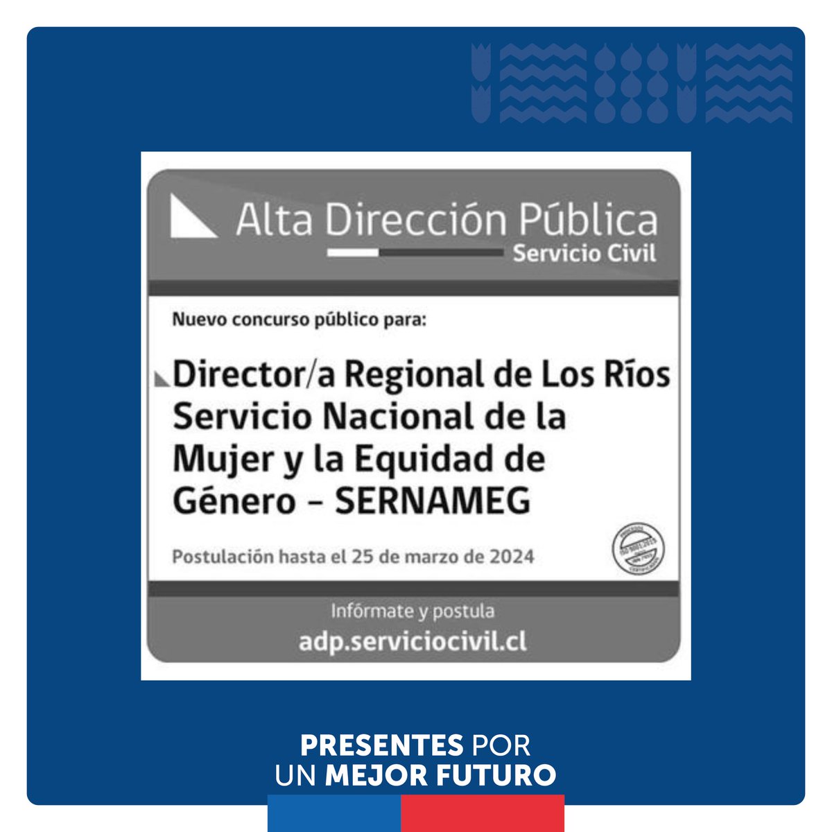#Altadirecciónpública 

📍El Servicio Civil llama a concurso público para el cargo de Director/a Regional #LosRíos del Servicio Nacional de la Mujer y Equidad de Género - Servicio Nacional de la Mujer y la Equidad de Género

📲 Más información en serviciocivil.cl