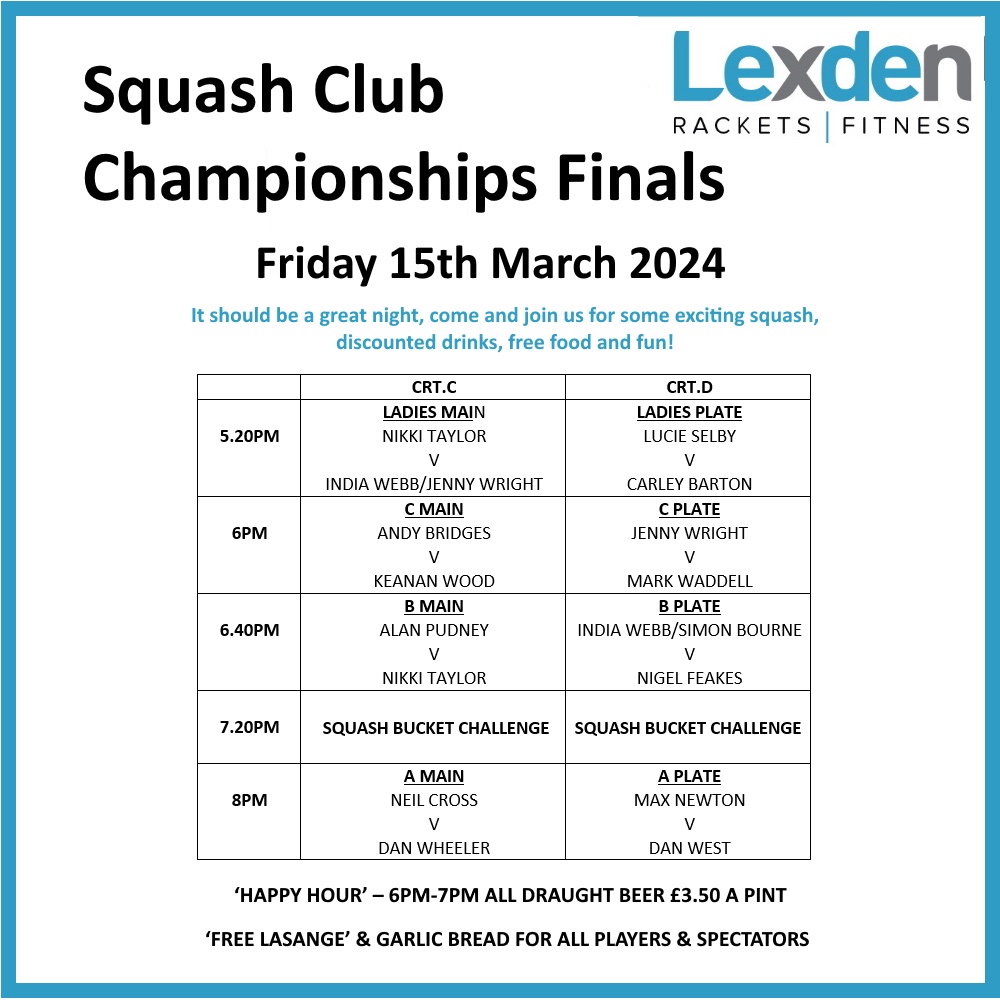 Friday Night is Finals Night for the Squash Club Championship 🏆 Congratulations to all our finalists on making it through to the Finals on Friday 15th March 👏 It should be a great night! Come and join us for some 👉 exciting squash 👉 discounted drinks 👉 free food and fun!
