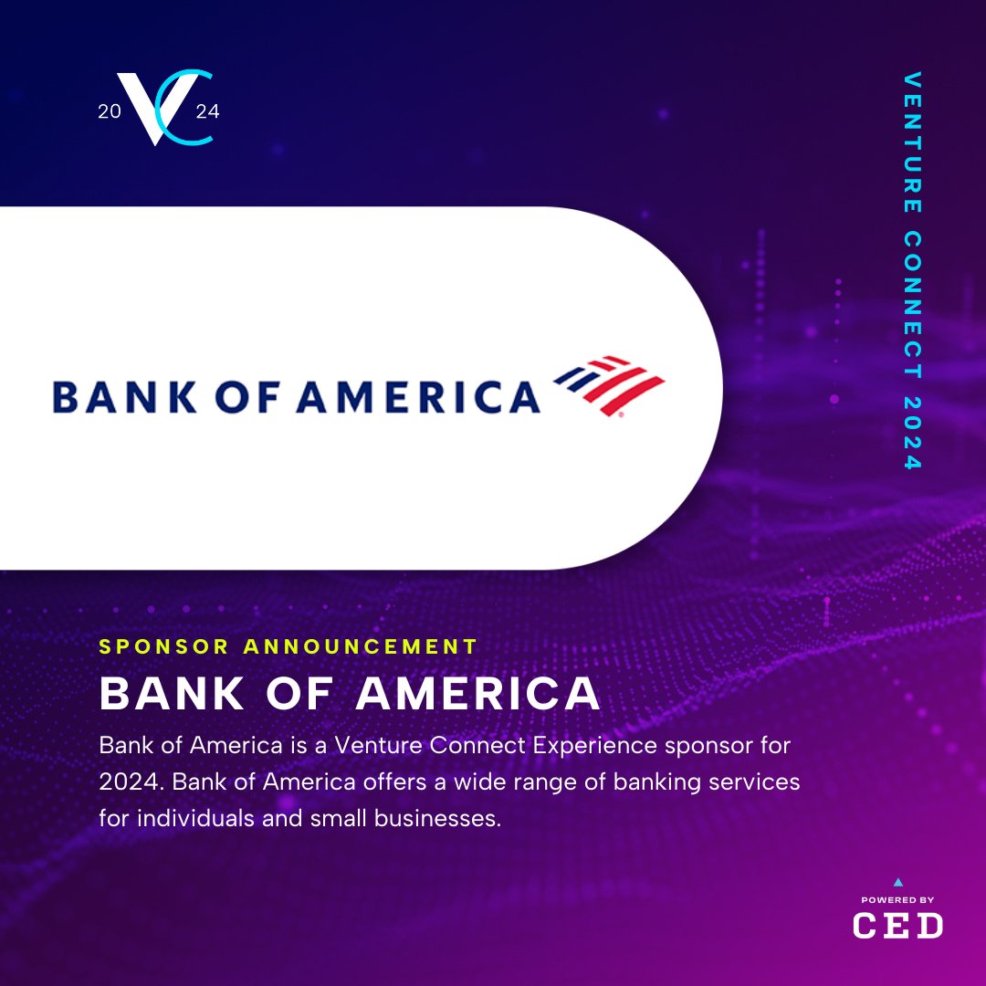 Bank of America is a Venture Connect Experience sponsor for 2024.  Bank of America offers a wide range of banking services for individuals and small businesses.

Join us! cednc.org/venture-connec…
#VC2024 #VentureConnect #tech #biotech