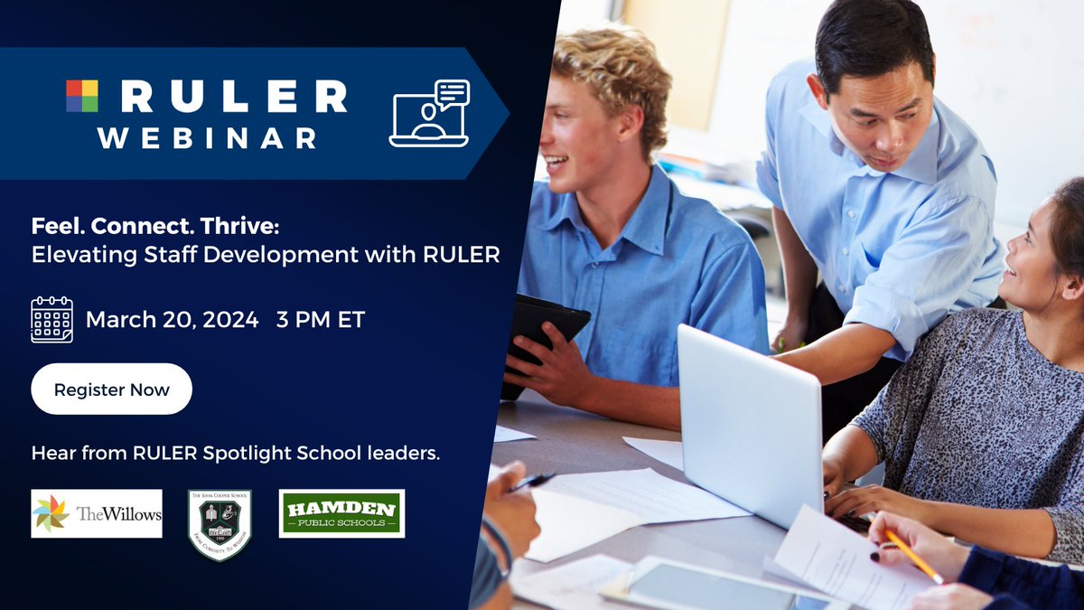 Join us on 3/20 at 3 PM as team leaders at RULER Spotlight Schools share practical strategies to engage staff in the RULER skills, principles, and tools. Register for our webinar: 'Feel. Connect. Thrive: Elevating Staff Development with RULER' >> ruler.online/announcements