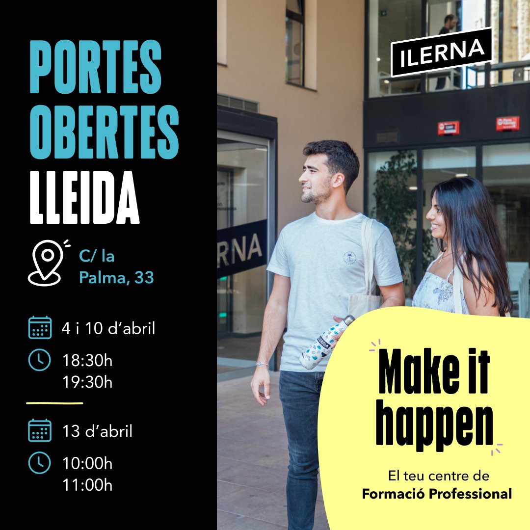 👉 Et convidem a la Jornada de Portes Obertes d'ILERNA Lleida!

Coneix de primera mà les nostres instal·lacions i les aules on et formaràs!

📆 4, 10 i 13 d'abril.
📍 C/ la Palma, 33. 

Demana cita:
☎️ 973 72 78 78
🌐 bit.ly/3uHr27U

#LivingILERNA #FormacióProfessional