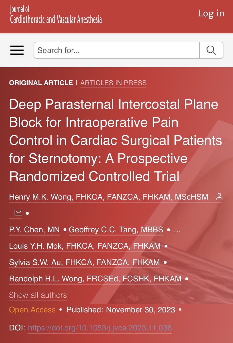 Henry Wong (@henrymkwong) on Twitter photo Presenting our work at #WCA2024 #wfsawca in Singapore. Regional and opioid-sparing technique are level 1B evidence in ERASC. We found significant opioid-sparing yet more stable hemodynamic with this novel DPIP block in cardiac surgery
doi.org/10.1053/j.jvca…
<a href="/CUHKMedicine/">CUHK Medicine</a> Presenting our work at #WCA2024 #wfsawca in Singapore. Regional and opioid-sparing technique are level 1B evidence in ERASC. We found significant opioid-sparing yet more stable hemodynamic with this novel DPIP block in cardiac surgery
doi.org/10.1053/j.jvca…
<a href="/CUHKMedicine/">CUHK Medicine</a>