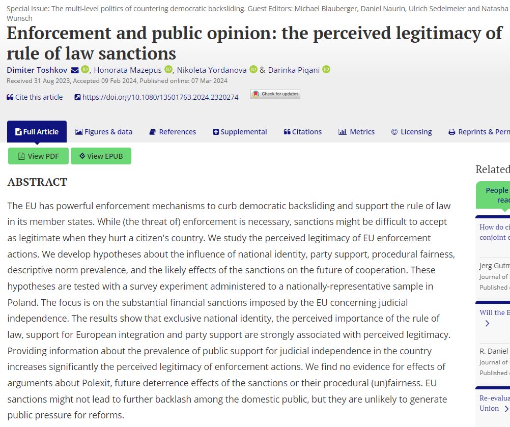 Do people find sanctions imposed on their country by the EU🇪🇺 acceptable? What arguments, if any, can increase support for sanctions that hurt your own state 🇵🇱? Some answers in our new @jepp_journal article (w. @HMazepus @NYYordanova & @DarinkaPiqani)! tandfonline.com/doi/full/10.10…