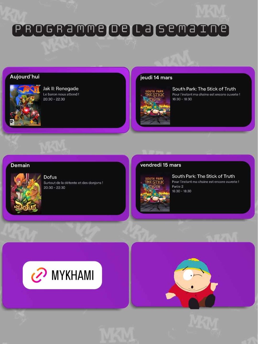 Mykhami's tweet photo. C'est la reprise la team !
Une semaine avec du south park, du dofus et du rétro sur jak 2 ! https://t.co/K4QFp2o8h4