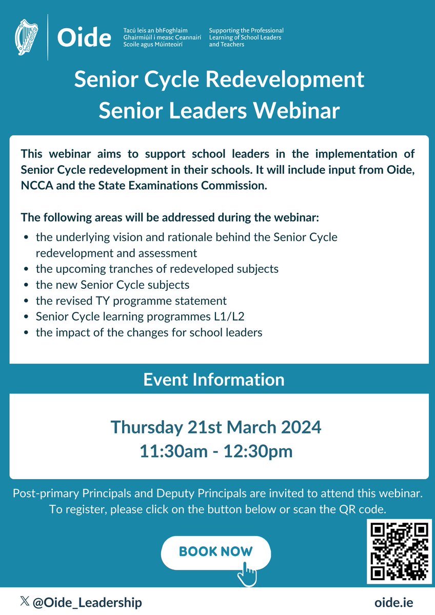 Register for Senior Cycle Redevelopment webinar for Post-Primary Principals and Deputy Principals at this link: oide-ie.zoom.us/webinar/regist…
@NAPD_IE
<a href="/CeistTrust/">CEIST</a>
<a href="/lecheiletrust1/">Le Chéile Schools Trust</a>