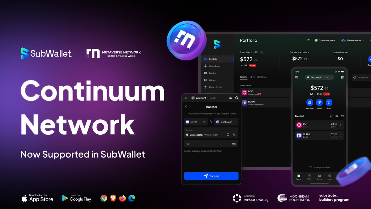 Support for $NUUM on Continuum Network by @MNet_io is now available on all SubWallet platforms: browser extension, mobile app and web dashboard🔥 Manage and transfer your $NUUM easily with SubWallet and stay tuned for updates😎 Download SubWallet👉subwallet.app/download.html