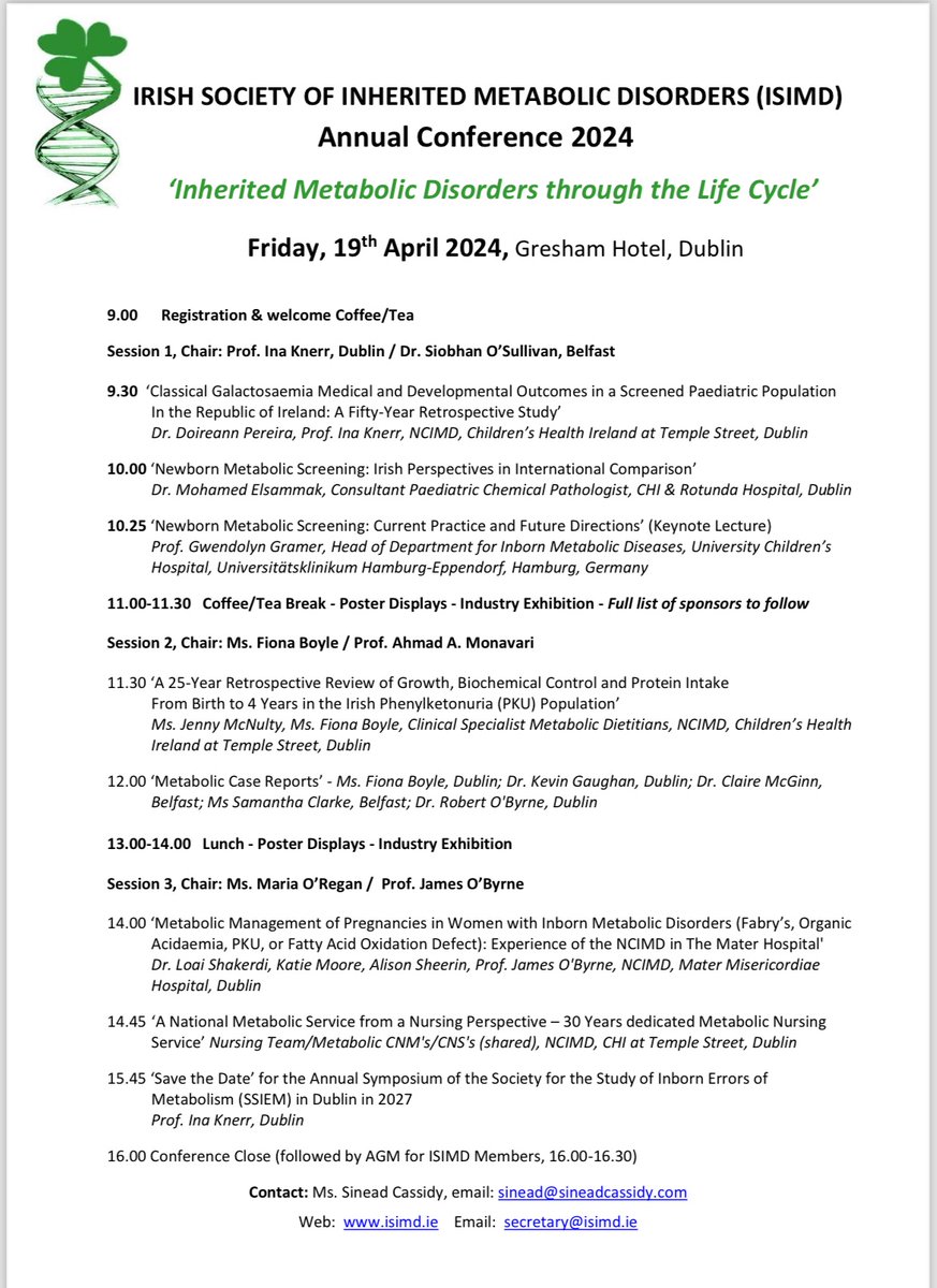 Irish Society for Inherited Metabolic Disorders annual conference Friday April 17th. Details snd Registration on isimd.ie