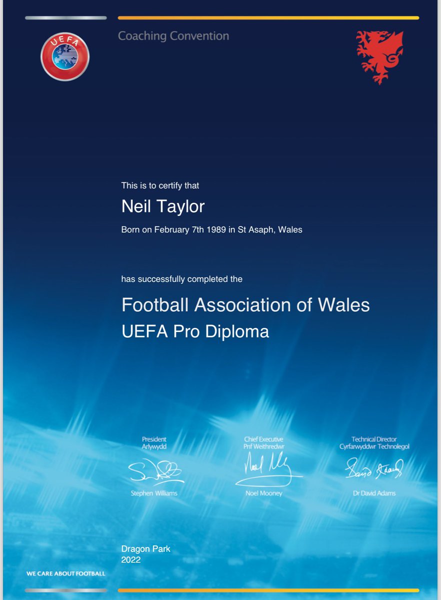 Great feeling to achieve my UEFA Pro license. Worked with great people over the last two years to achieve this and the @FAWCoachEd are world leading in coach education. This was always my aim once I knew my career was coming to an end and is a real passion of mine. ⚽️