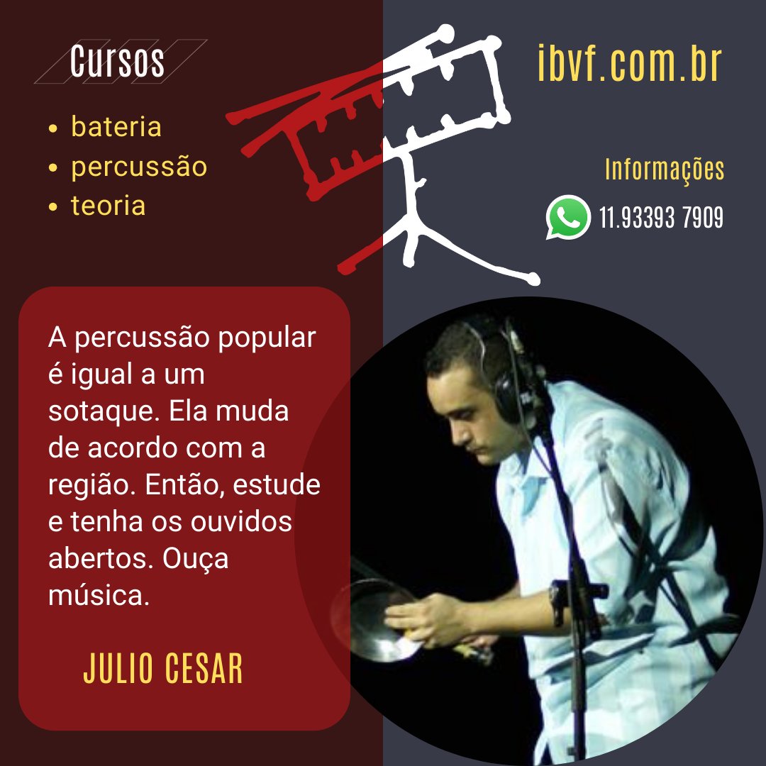 Se você ainda não conferiu o vídeo do Julio Cesar, dê uma passada no canal do IBVF Brasil para saber sobre percussão brasileira, rotina de estudo e muito mais!

Nosso canal: youtube.com/ibvf
Link direto para o vídeo: youtube.com/watch?v=DrOekC…
