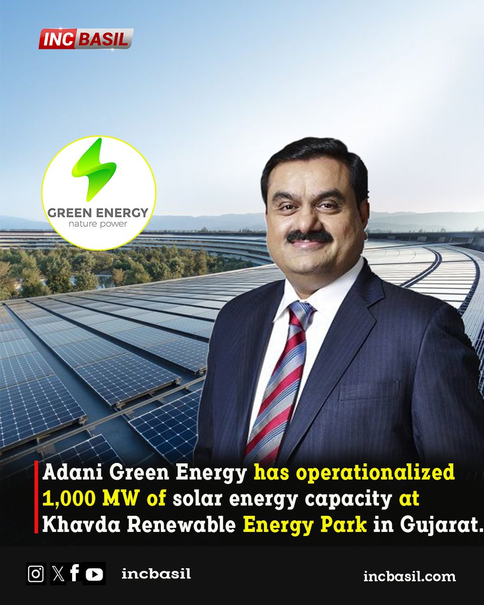 incbasil's tweet photo. Adani Green Energy has operationalized 1,000 MW of solar energy capacity at Khavda Renewable Energy Park in Gujarat.
#AdaniGreenEnergy #SolarEnergy #RenewableEnergy #KhavdaPark #Gujarat #OperationalCapacity #CleanEnergy #incbasil #news #latestnews #trendingnews https://t.co/ev7H9xFgK6