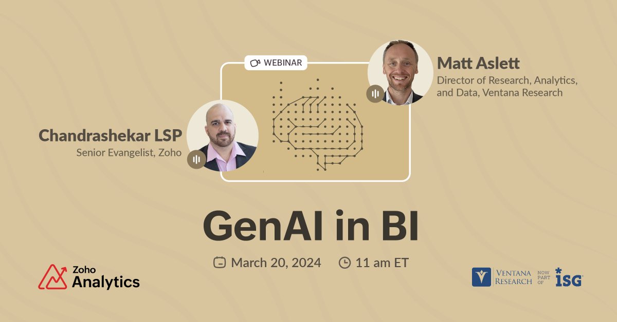 #GenAI continues to democratize #BI, enabling businesses to build more sustainable & scalable analytics ecosystems Join our #webinar📽️ with @maslett, Director at @ventanaresearch , as we discuss GenAI in BI, and what it means for your business Register👉zoho.to/8Qb