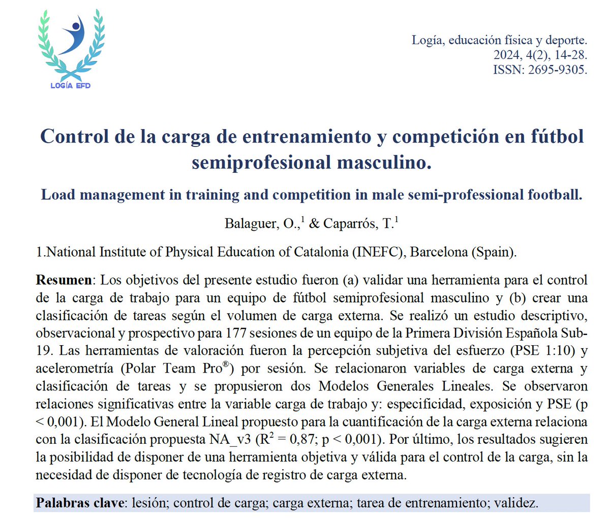 2⃣ Control de la carga de entrenamiento y competición en fútbol semiprofesional masculino.
💻 logiaefd.com
