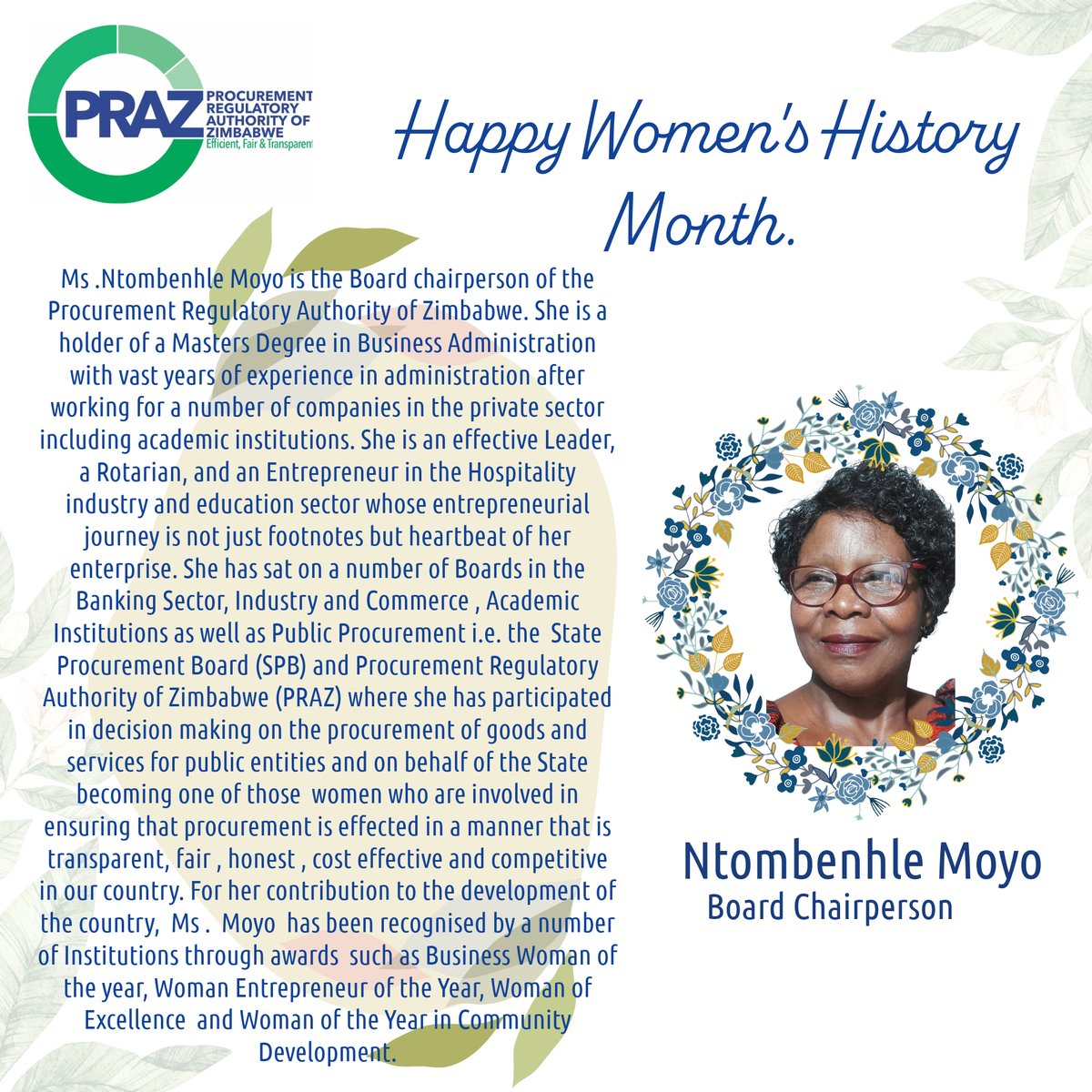This #WomensHistoryMonth theme is “Women who advocate for Equity, Diversity and Inclusion” @praz_zw acknowledges and celebrates women in procurement; leaders who embody these qualities. #WomensHistoryMonth #womenleaders #InclusivityInPublicProcurement