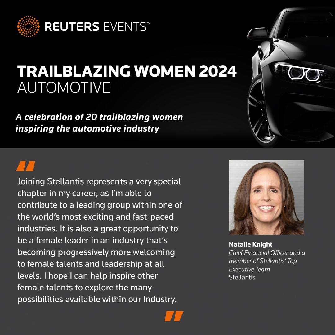 Natalie Knight, Chief Financial Officer and a member of Stellantis’ Top Executive Team <a href="/Stellantis/">Stellantis</a> recognised in Reuters Events 20 Trailblazing Women in Automotive Report lnkd.in/g9Vq6D72

#IWD #Womeninautomotive #ReutersEventsTrailblazers