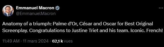 Je pense à mes impôts qui servent à financer le salaire d'une équipe com qui écrit "Justine Triet and his team" sur le compte du Président de la République.