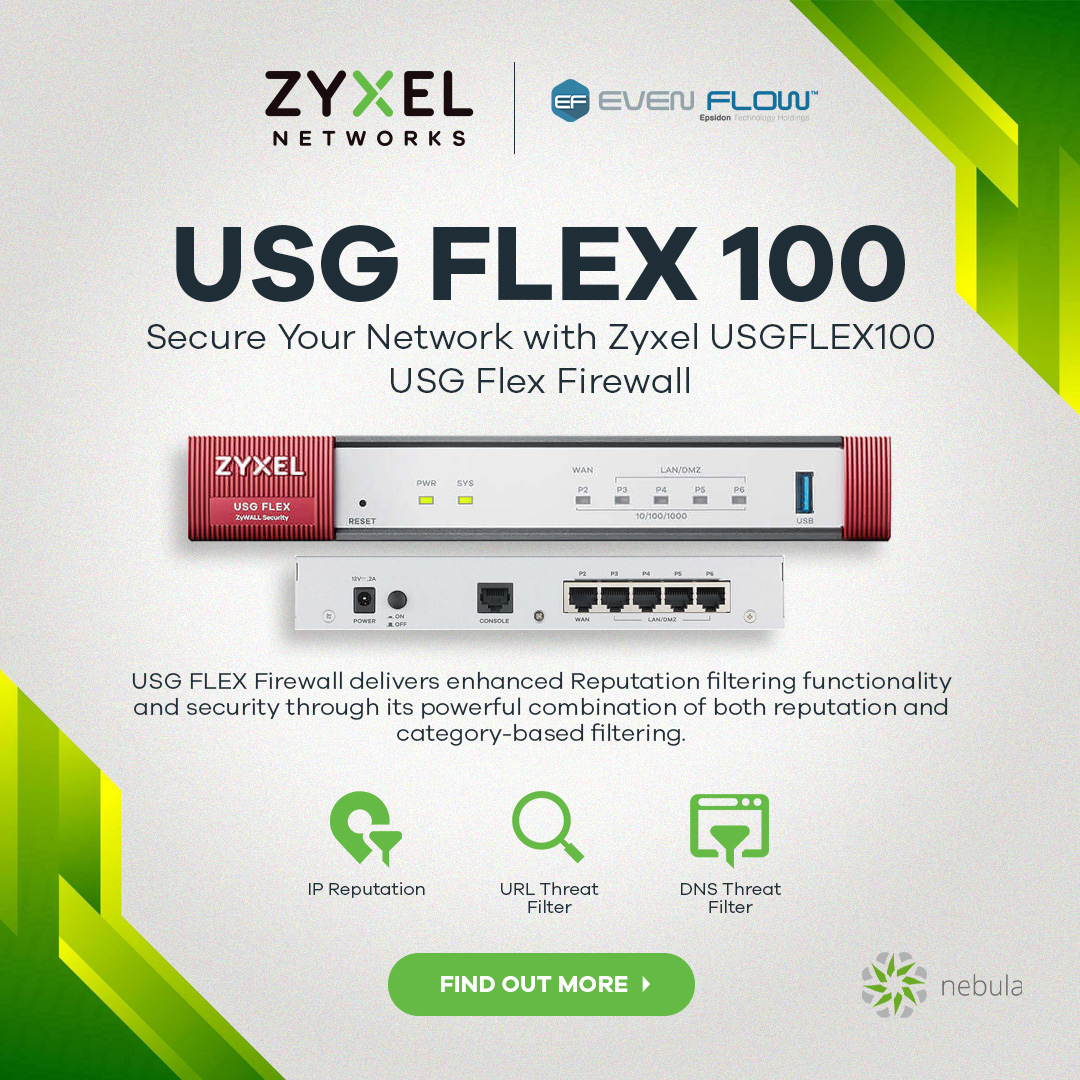 evenflw's tweet image. Secure Your Network with Zyxel USGFLEX100 USG Flex Firewall!
Upgrade your network security game with the powerful Zyxel USGFLEX100.

Learn more: sales@evenflow.co.za

#AdvancedThreatProtection #RemoteAccessVPN #IntrusionDetection