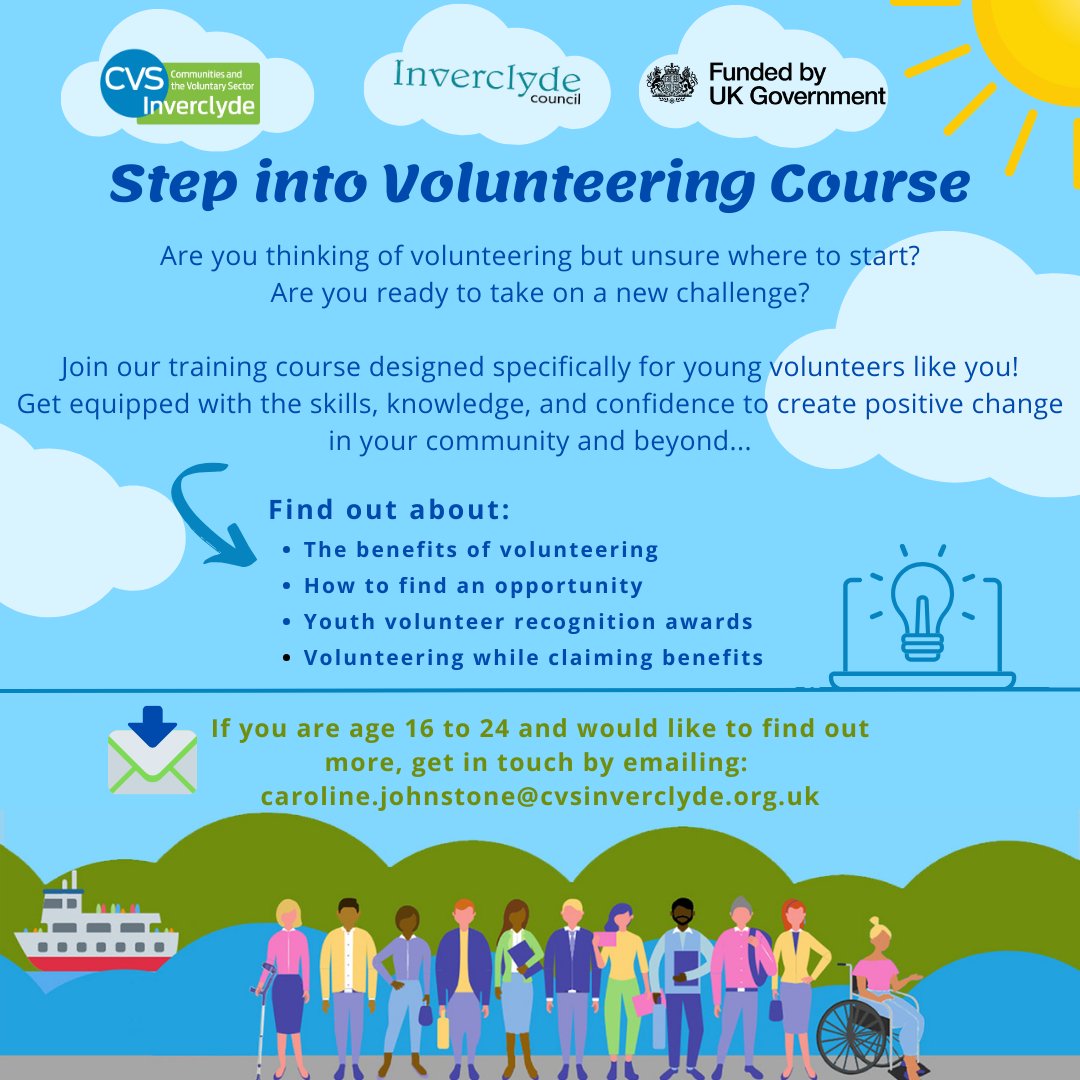 Young people of Inverclyde! 🗣 Thinking of volunteering but don’t know where to start? Join our training course designed for young volunteers like you! If you are age 16 to 24 and would like to find out more get in touch by emailing: caroline.johnstone@cvsinverclyde.org.uk