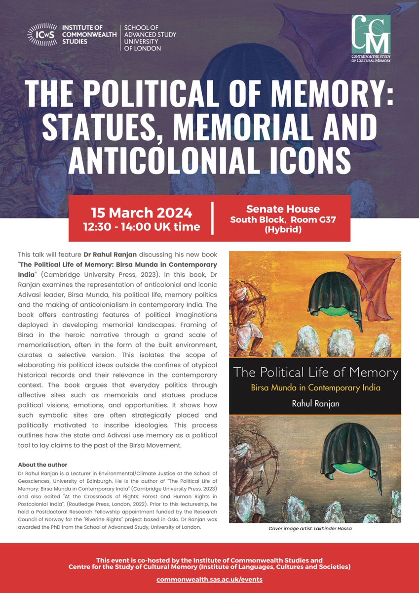 HYBRID EVENT THIS WEEK: 'The Political of Memory: Statues, Memorial and Anticolonial Icons', 15 Mar, 12:30pm-2pm. With Dr @Ranjana_rahul and co-hosted by @ICwS_SAS and the Centre for the Study of Cultral Memory @ILCS_SAS #Politics #India #BirsaMovement commonwealth.sas.ac.uk/events/politic…