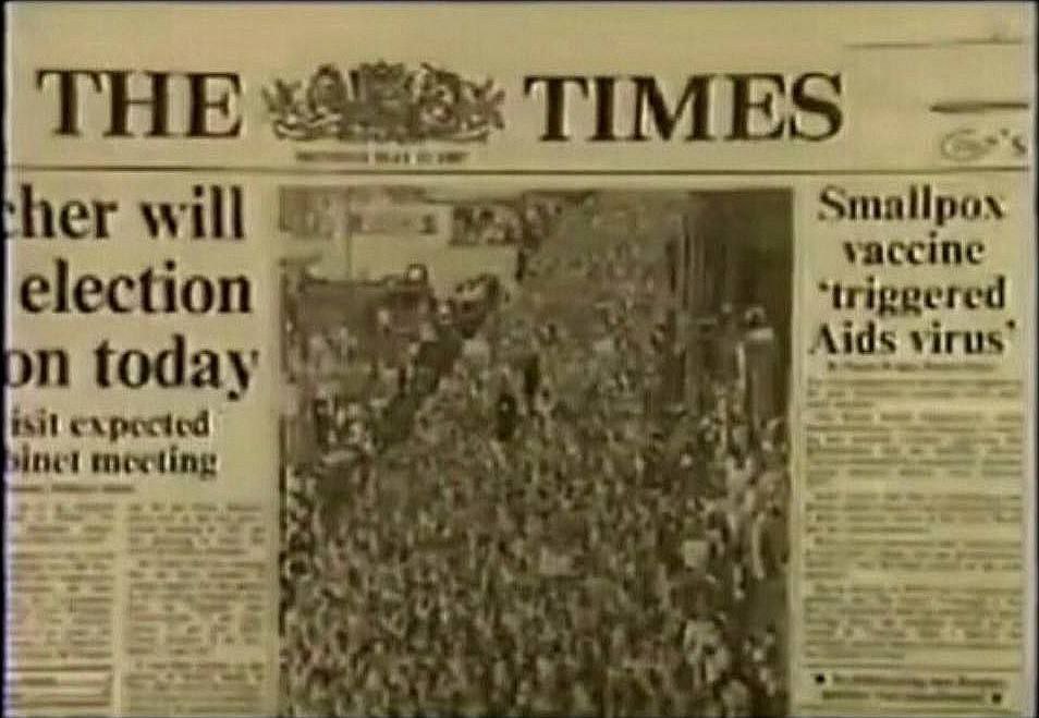 1987..... Portada de The London Times: 
El 11 de mayo de 1987, el London Times informó en su portada:  La OMS ( Organización Mortal de la salud ) entregó 50 millones de vacunas contra la viruela Del mono, estas provocaron el SIDA a los africanos.......
#YoNoMeVacuno