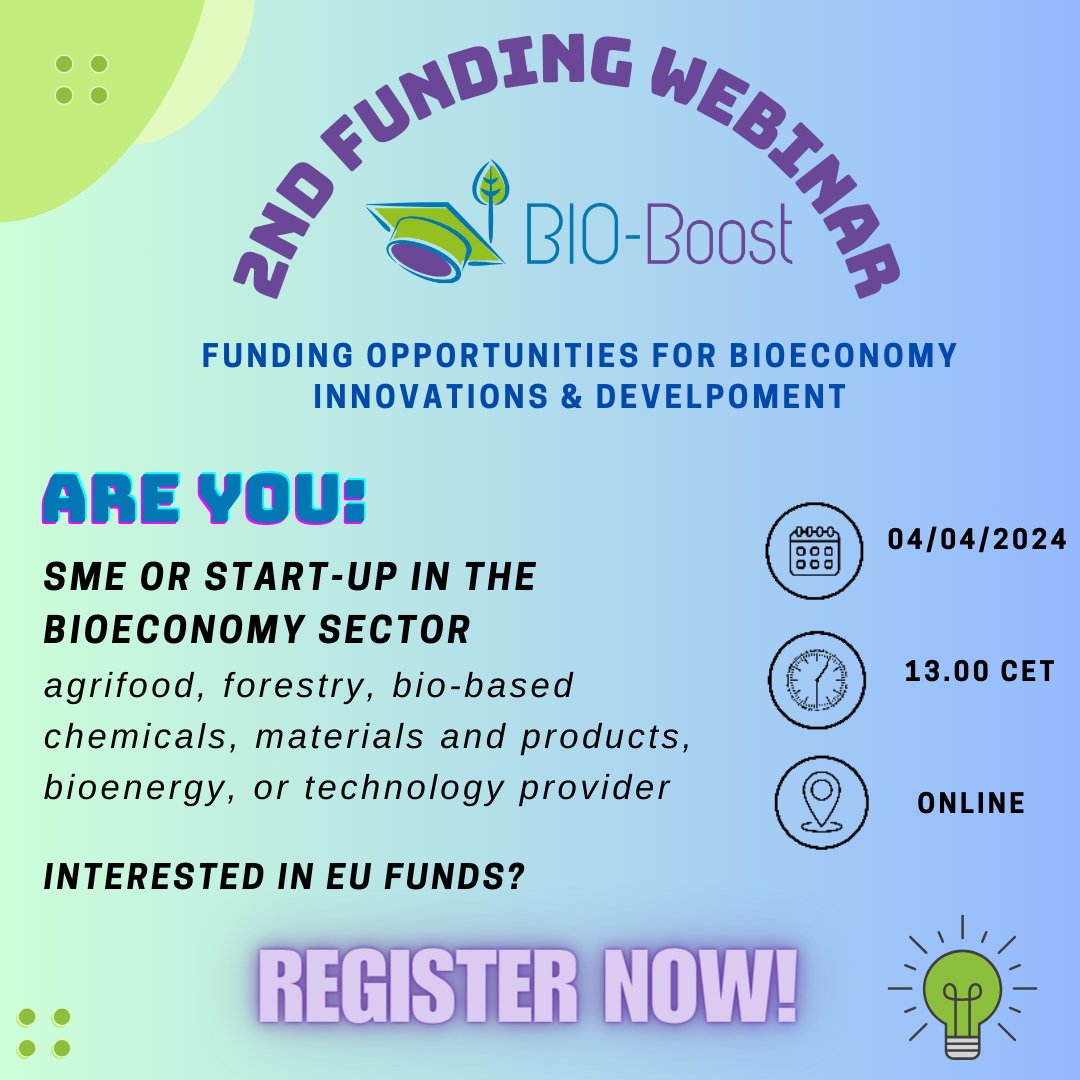 📢 2nd BIO-Boot Funding Webinar 🔎 Are you working or collaborating in #bioeconomy - agri-food, forestry, bio-based chemicals, materials & products, and bioenergy? 📣 Would you like to utilize EU funding for your development? Register here: form.jotform.com/24037186028135…