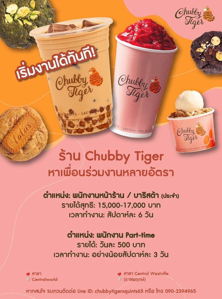 🥤 รับสมัครพนักงานร้าน Chubby Tiger x Quints Full Time • เงินเดือน 15,000-17,000 บ. • ทำงาน 6 วัน ต่อสัปดาห์ • 9 ชั่วโมง (รวมพักเบรค 1 ชั่วโมง) Part Time • วันละ 500 บ. • ทำงานอย่างน้อยสัปดาห์ละ 3 วัน สาขาที่รับ • Central World • Central Westville (ราชพฤกษ์)…