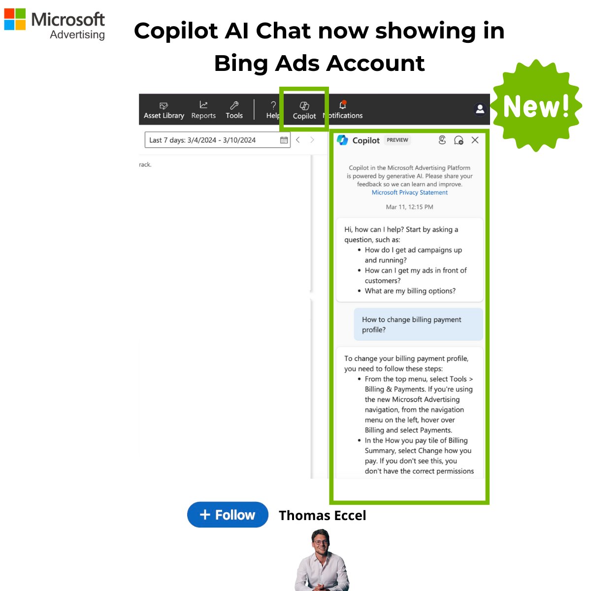 Huge Update: Bing Ads account has now Copilot integrated! 

It can be used to ask questions and optimization. 

Lets test how much it knows! ;)

#ppc #ppcchat #bingads #Microsoft #googleads