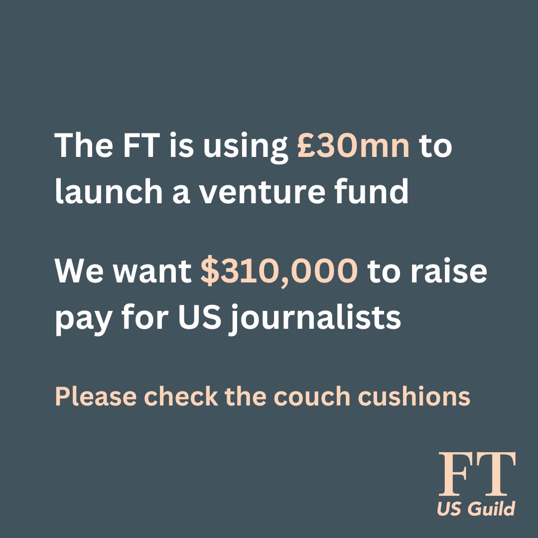 Like one time pay raises, with the largest amount going to the lowest paid third of the newsroom. This will help close glaring pay disparities and only cost the company $310,000. The FT recently announced a £30 mn venture fund — seems within their budget? axios.com/2024/02/27/ft-…