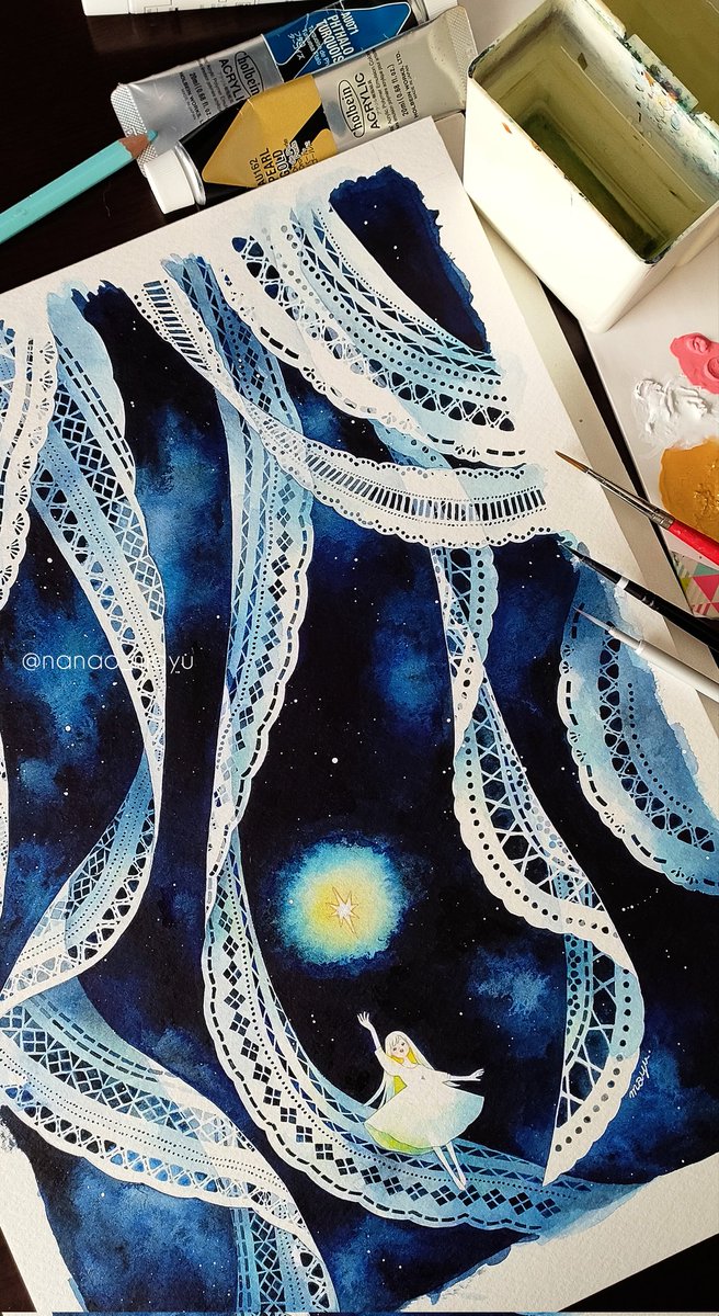 nanao_mayu's tweet photo. A4(210×297mm)/アクリル/ホワイトワトソン
「めぐりめぐる星と再び」

#nanao_mayu https://t.co/veEJN4cQiT