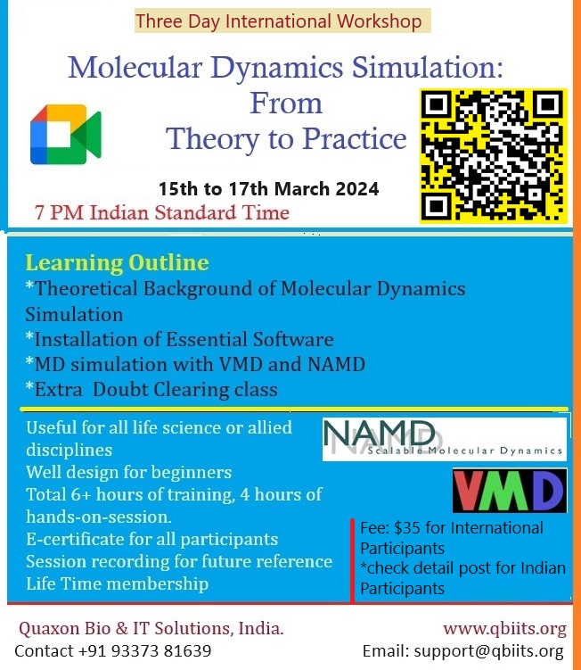 Quaxonbiits's tweet photo. Dear Bioscience Delegates Welcome to our 26th  International virtual workshop on Molecular Dynamics Simulation on 15th Mar 24. https://t.co/xPia0QTnRx
  #mustjoin #computationalbiology #bioinfotrends #Bioinformatics https://t.co/tpgYHVPTWi