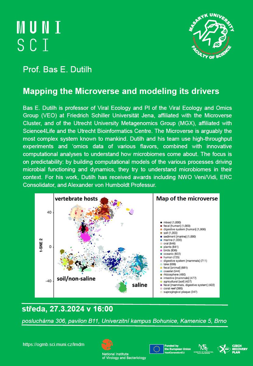 Interesting lecture alert 📣 Join us for a captivating lecture by Professor Bas E. Dutilh, a leading expert in Viral Ecology! 🗓️ 27 March, 16:00 📌 University Campus, Building B11, Room 306 👉 ogmb.sci.muni.cz/lmdm/vyuka/lab… #lecture #ViralEcology #research