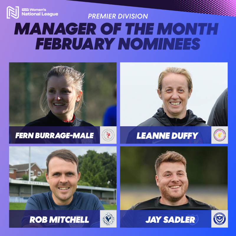 FAWNL's tweet photo. Manager of the Month - Premier Division - February Nominees ⭐️
Fern Burrage-Male - @CardiffCityLFC
@leanneduffy4 - @liverpoolfeds
Rob Mitchell - @HalifaxFCWomen
@Sadler004 - @PompeyWomen
Voting closes in 24 hours, click below to have your say 👇
#FAWNL | #MOTM
