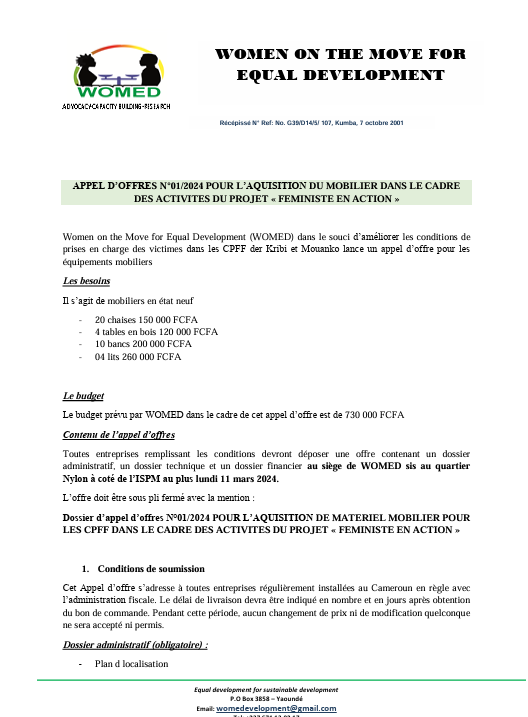 Womedorg's tweet photo. APPEL D’OFFRES N°01/2024 POUR L’AQUISITION DU MOBILIER DANS LE CADRE  DES ACTIVITES DU PROJET « FEMINISTE EN ACTION » #WOMED https://t.co/RTUyBX4k86