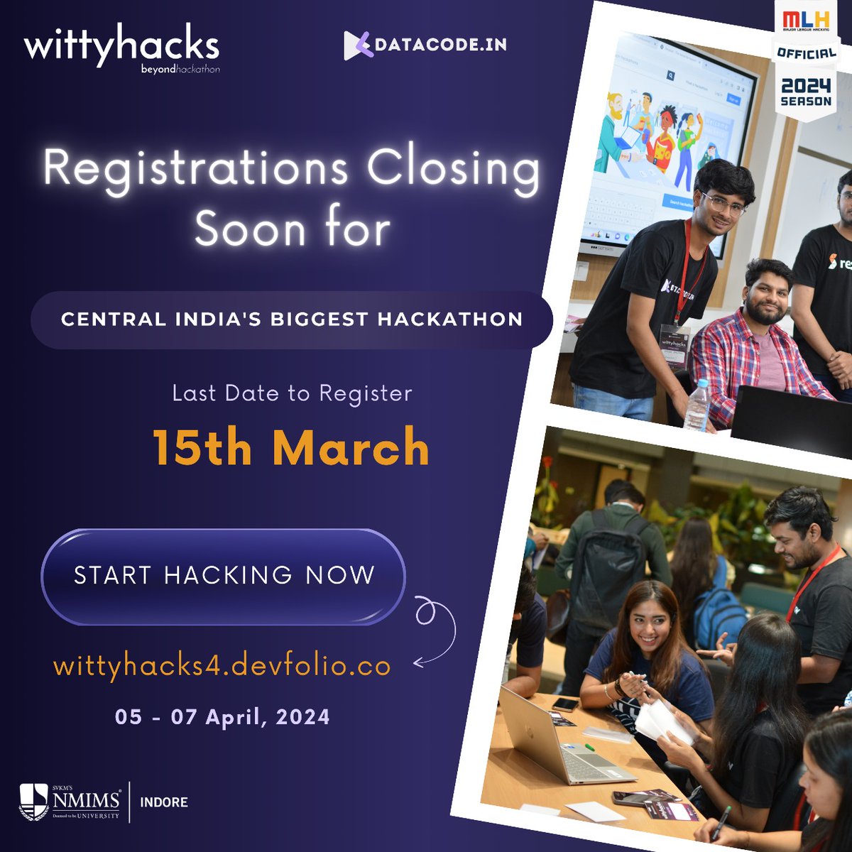 Hurry up! The registration for Wittyhacks is closing soon. 🔥 Don't miss out on the chance to showcase your skills, innovate, and win exciting prizes.💖 Register now to be a part of Central India's biggest community hackathon. 🚀💻 wittyhacks4.devfolio.co