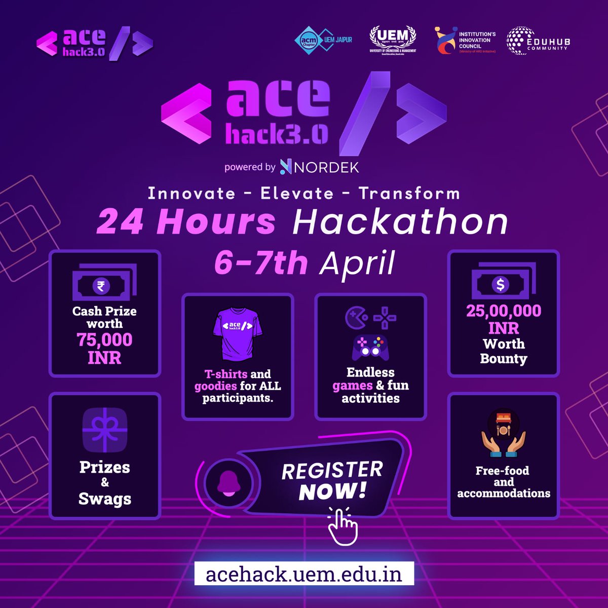 🌟 Get ready to hack your way to glory at AceHack 3.0 - Jaipur's most thrilling tech showdown! Mark your calendars: April 6-7, 2024. For more information, visit acehack.uem.edu.in