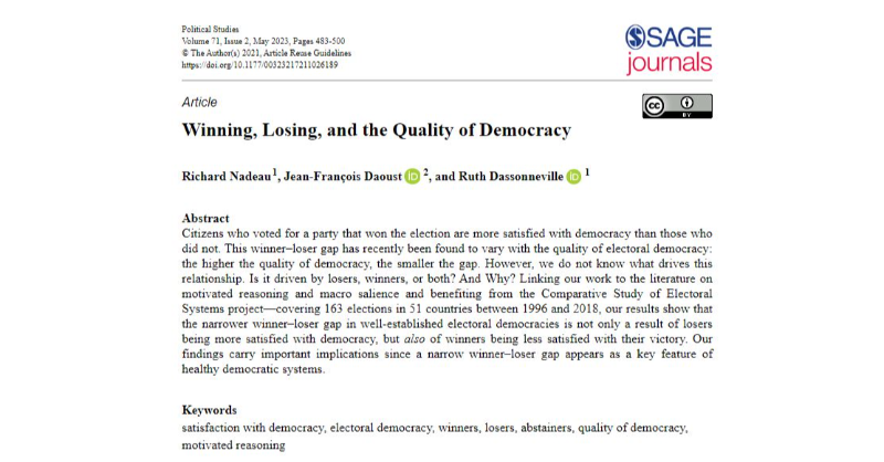 Congrats to the winner of the Harrison Prize for the best article published in a 2023 issue of @PolStudies: 'Winning, Losing and the Quality of Democracy' by Richard Nadeau, @jf_daoust and @r_dassonneville. Read OA: doi.org/10.1177/003232… @PolStudiesAssoc @SAGECQPolitics