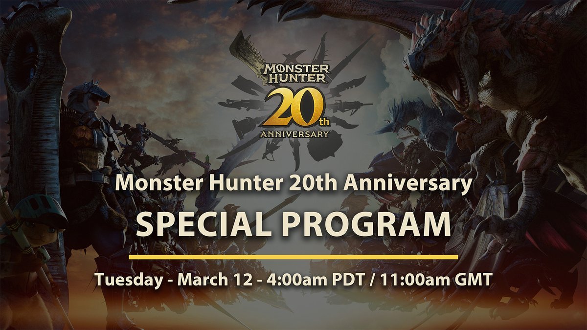 monsterhunter's tweet photo. Tune in tomorrow at 4am PT / 11am GMT for the Monster Hunter 20th Anniversary Special Program to find out which 10 monsters took top honors in the Hunters' Choice: Top Monster poll, and more!

See you there!
🟣 https://t.co/WbntyFSOZe 

#MonsterHunter #MH20th https://t.co/ZFcslimigd