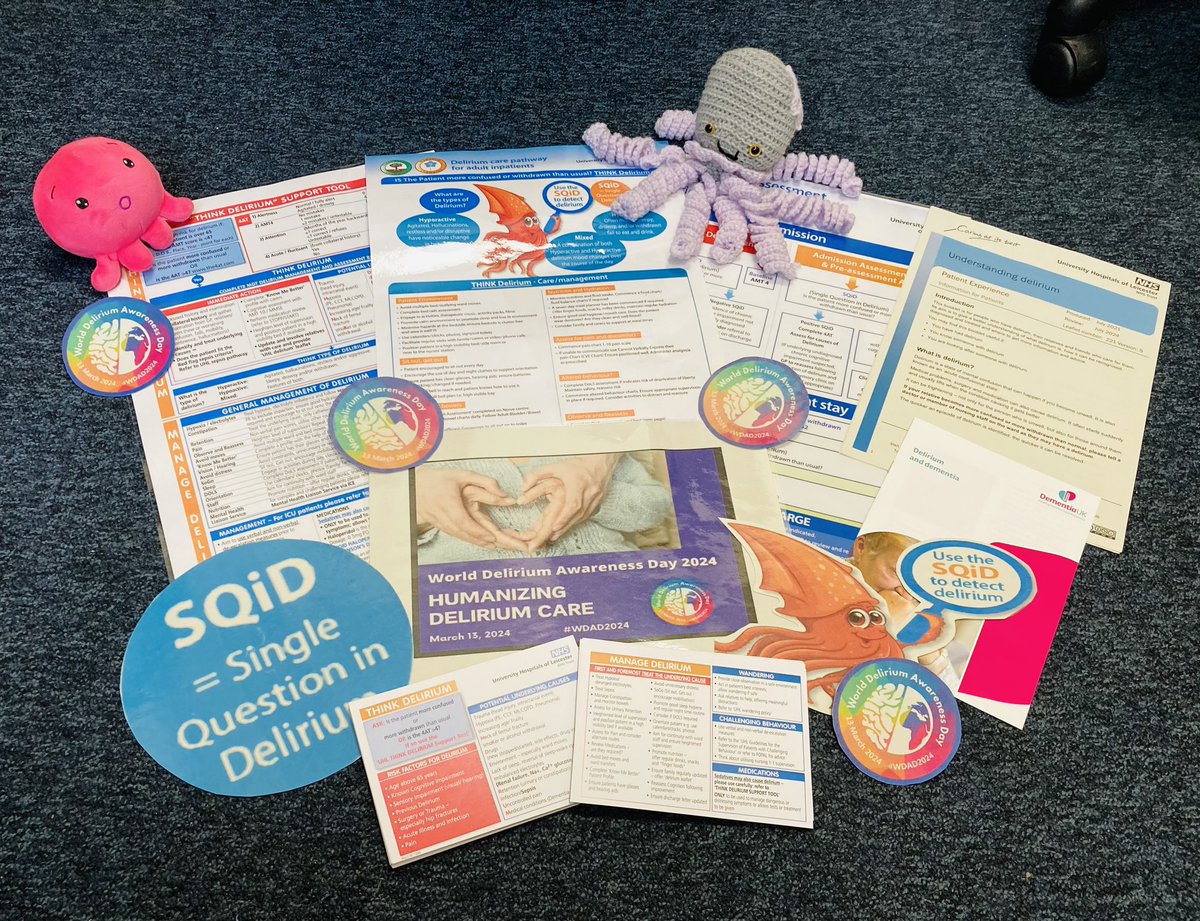 🦑 Preparing for #WDAD2024 looking forward to taking all things Delirium with colleagues @Leic_hospital. Look out for our team on the wards this Wednesday 🦑 @sfstoneley @ActivitiesUhl @RobinBinks @WendyClarkeLN