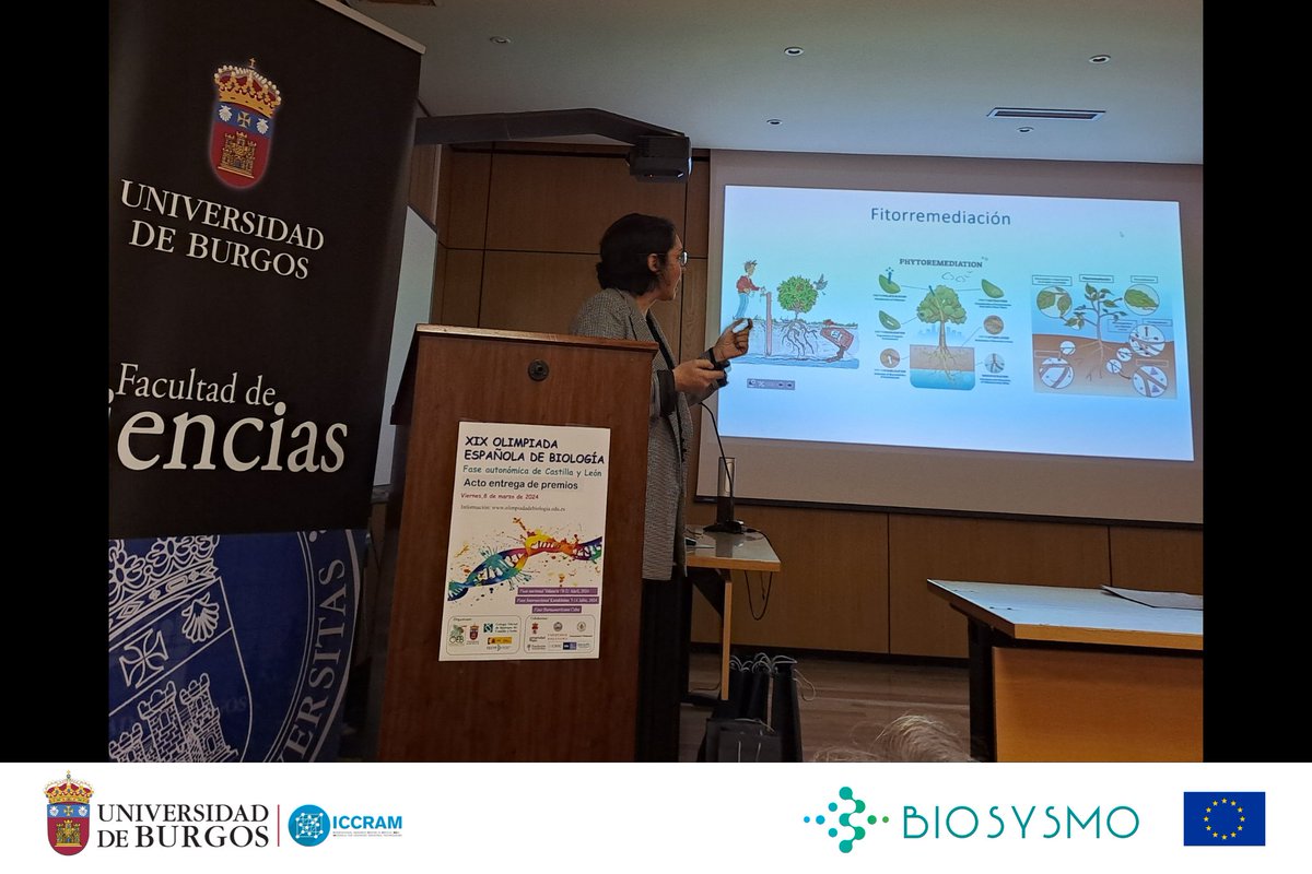 Last Friday the Universidad de Burgos hosted the Awards Ceremony of the 'XIX Regional Biology Olympics'.

Dr. Rocío Barros gave the talk 'Toxin-eating bacteria', related to the @biosysmo EU project.

Congratulations to the winners👏👏