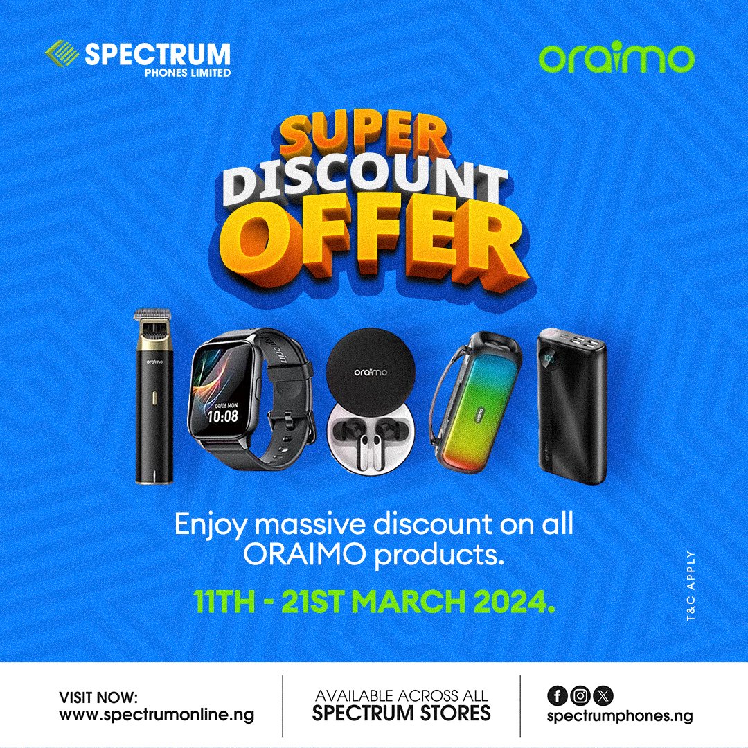 Spectrumphoneng's tweet photo. Get ready for the ultimate promo experience!

Enjoy jaw-dropping savings on your favourite Oraimo accessories.

Hurry and shop now at any of our retail stores nationwide or order online at https://t.co/VCQXu3hZdU

 #dealsoftheweek  #DiscountOffer #spectrumphonesng
#oraimo https://t.co/1GyBLId56H