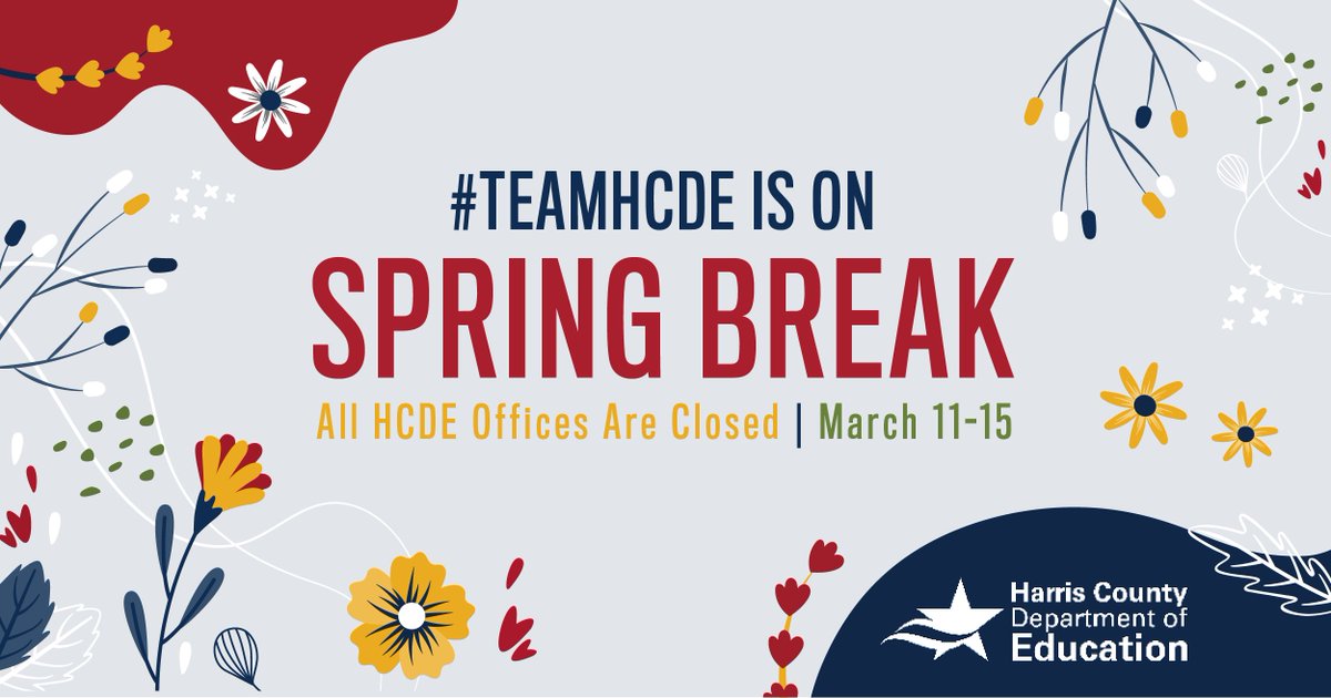 ICYMI: #TeamHCDE is officially closed for #SpringBreak! 😎 ☀️  We'll return to our regular hours on Monday, March 18. Stay safe, enjoy the break, and we will see you soon!