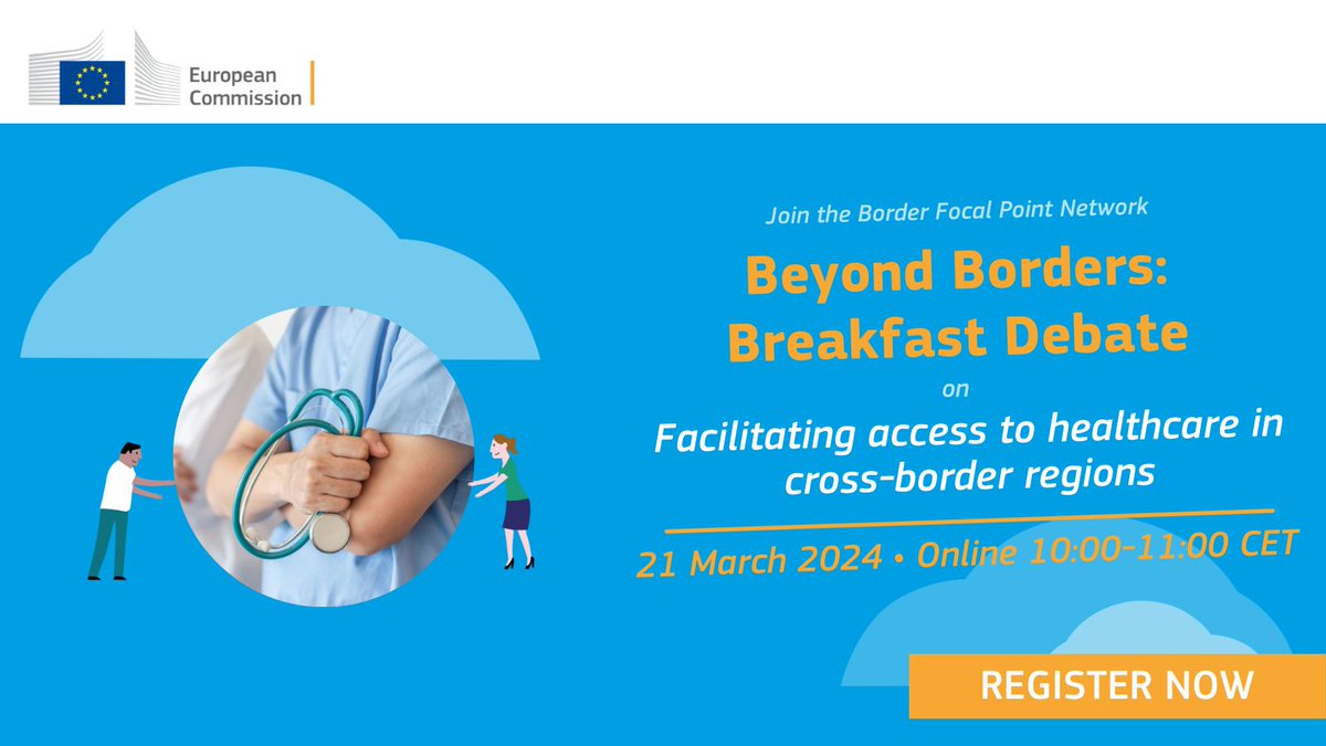 Mark your calendar! The next Beyond Borders Breakfast Debate webinar is soon approaching: 🎯Facilitating access to healthcare in cross-border regions 📅Date: 21st March 2024 ⏰Time: 10:00–11:00 CET 💻Online 👉Register now: europa.eu/!MxRpxj #HealthUnion