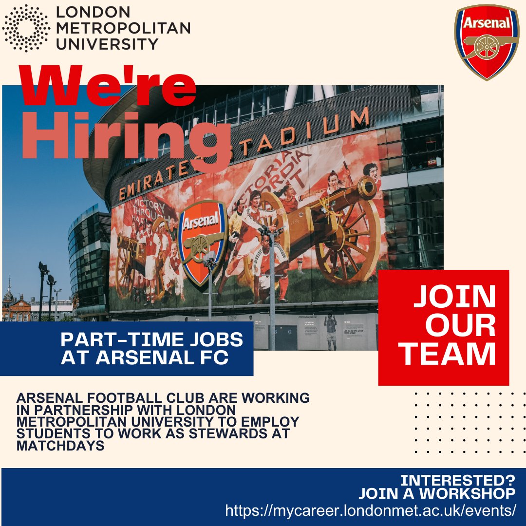 LondonMetCareer's tweet photo. Attention London Met students! 🚨 Arsenal steward recruitment is back! 🌟 Join us for exclusive workshops:
🗓️ Tues, 12th March, 12:00 on campus 
🗓️ Wed, 27th March, 11:00 am online
Learn about the role &amp; application process. London Met students ONLY.
 #LondonMet #Arsenal https://t.co/WTEhgYuy8p