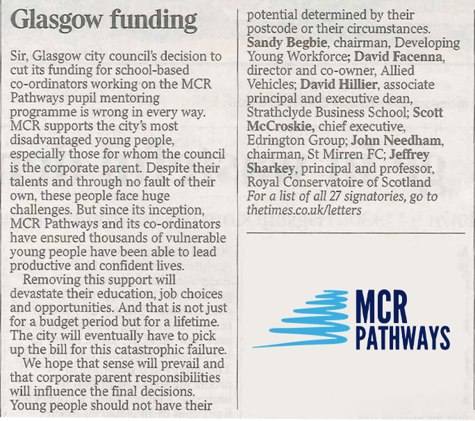 Plans to drop city mentoring scheme ‘will be catastrophic’. In a letter to The Times, business and public-sector leaders are calling on Glasgow City Council to abandon plans to cut funding for MCR Pathways programme. Read the full article: mcrpathways.org/plans-to-drop-… @timesscotland