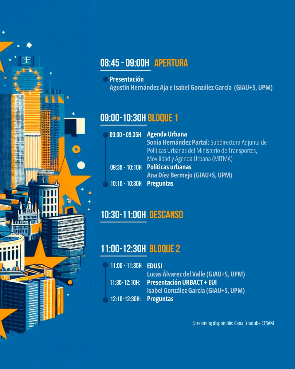 El miércoles 13 podréis asistir en la @ETSAMadrid a unas jornadas sobre 'Las ciudades en el marco urbano europeo. La UPM como NUP-Urbact y UCP-EIU'.

Organizada con la colaboración del Punto Focal URBACT para dar a conocer los programas URBACT y EUI. 

🕗De 8:45 a 12:30h
📍ETSAM