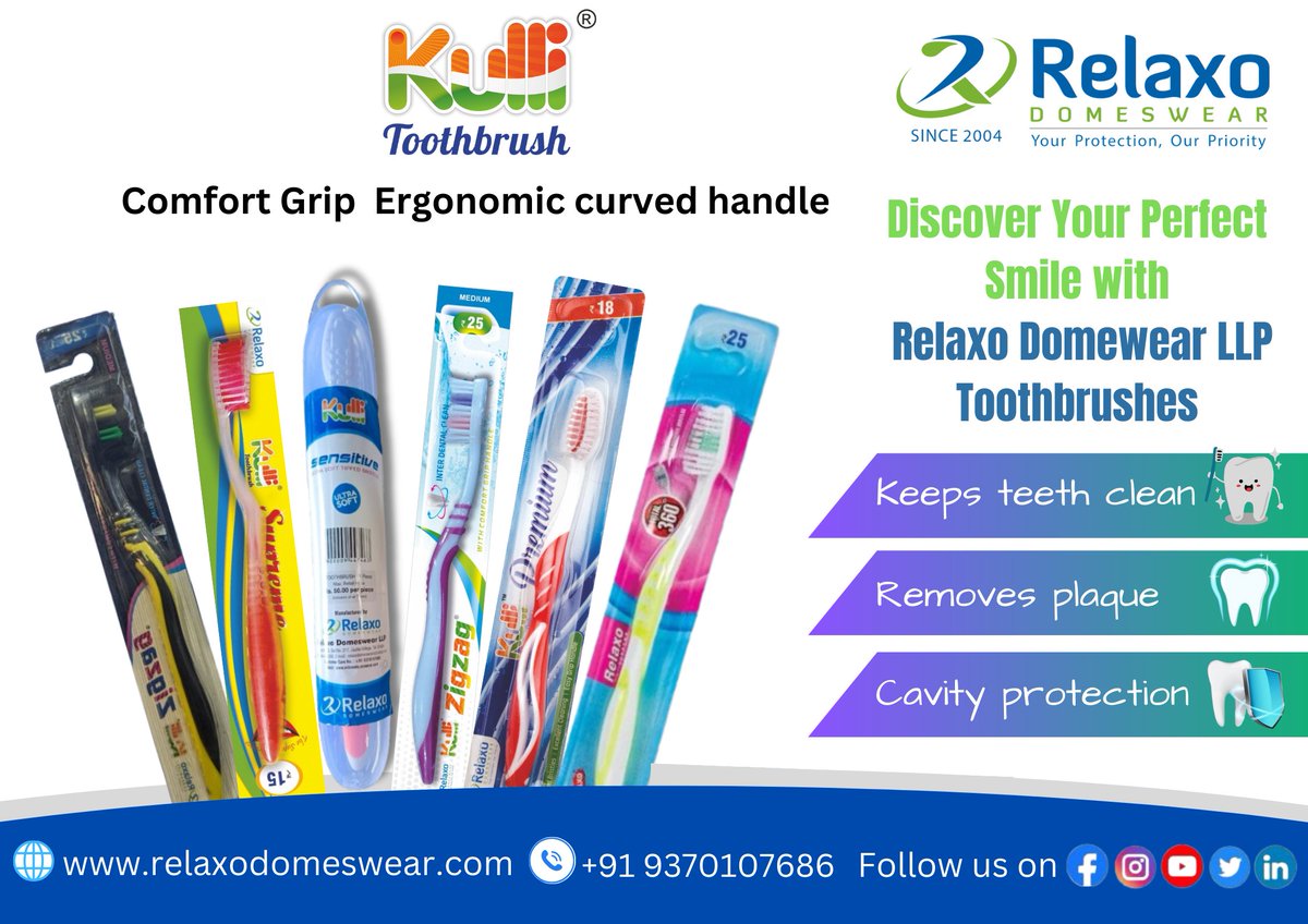 Relaxo Domeswear LLP (@relaxodomeswear) on Twitter photo Discover our wide range of Toothbrushes for Bright Smile.
Follow us for updates and new products.
Connect with us on info@relaxodomeswear.com or call us +91 9370107686
Check out our other products on relaxodomeswear.com
#relaxo #toothbrushes #relaxodomeswearllp Discover our wide range of Toothbrushes for Bright Smile.
Follow us for updates and new products.
Connect with us on info@relaxodomeswear.com or call us +91 9370107686
Check out our other products on relaxodomeswear.com
#relaxo #toothbrushes #relaxodomeswearllp
